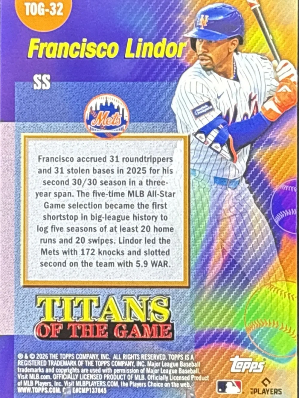 Topps Francisco Lindor Baseball Card - Rainbow Foil Titans of the Game